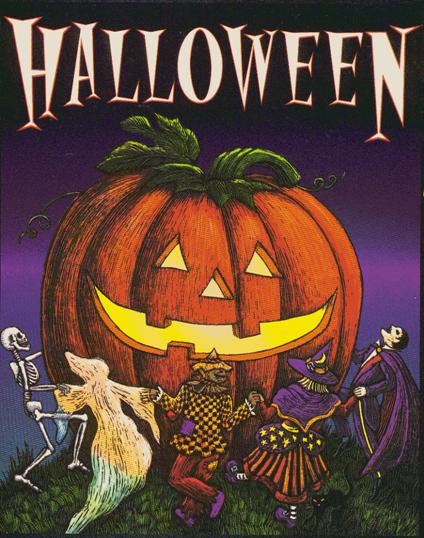 Dibujo de Jack O&rsquo;Lantern, alrededor del cual bailan los personajes de Halloween.